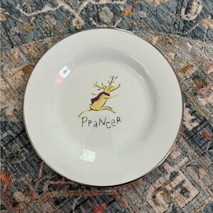 Pottery, barn, reindeer salad plate featuring “prancer”